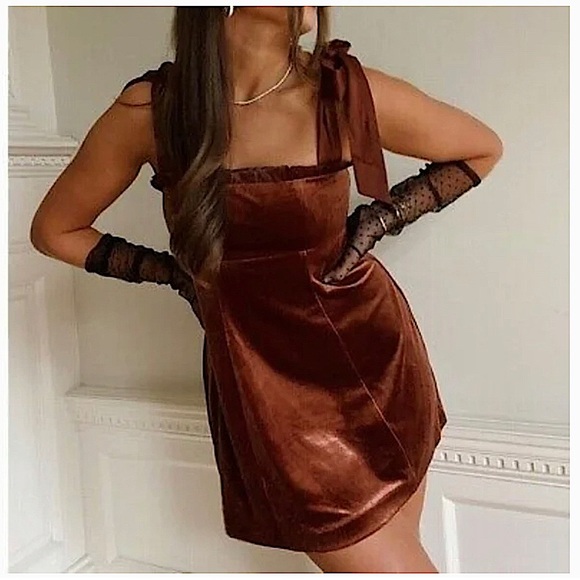Danielle Bernstein • NWT Copper Velvet Shoulder Tie Mini Dress Ruffle Detail XS - Picture 2 of 10